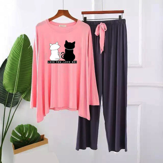 2-Cat Graphic Long Shirt and trouser Night Wear