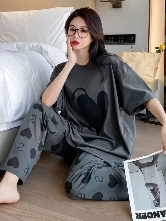 Grey Double Heart Printed Half Sleeves T-shirt with Little Heart Printed Matching Trousers