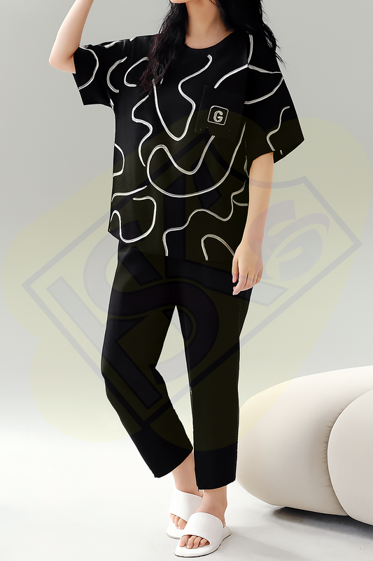 Premium G Pocket Printed T-shirt With Solid Black Trouser Sportswear Tracksuit