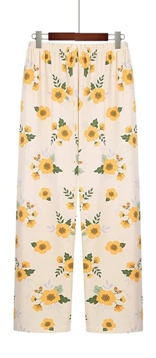 Pack of Two Comfy Casual Pajama Pants Floral Print Drawstring Palazzo Lounge Pants Wide Leg