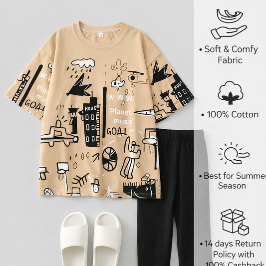 Brown Graphic Printed T-shirt with Sold Black Trouser Dress