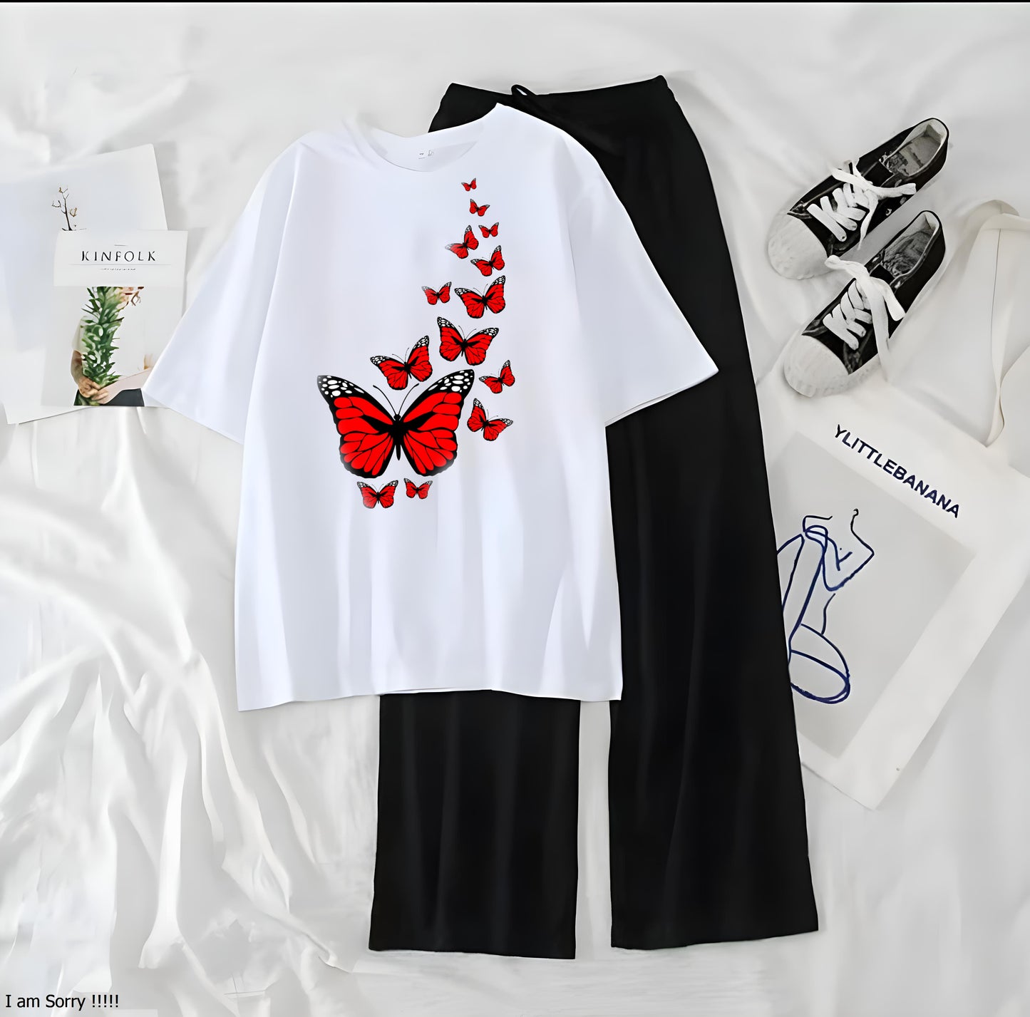 Red Little Butterfly Printed Night Wear Casual Dress