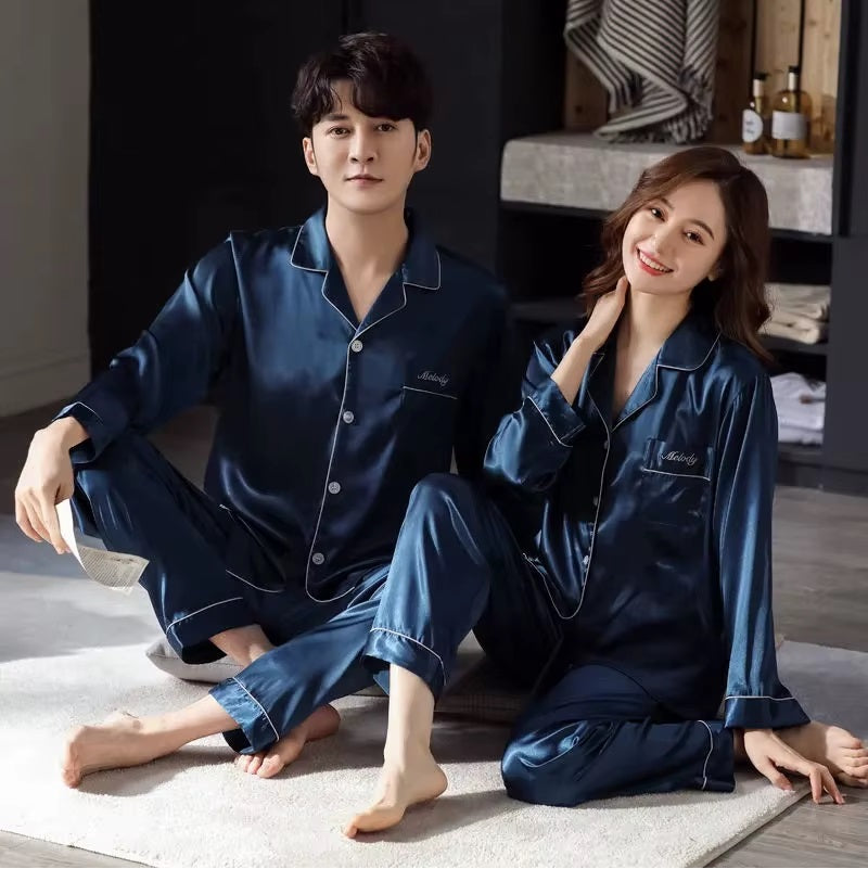 Navy Blue Nighty Finely Stitched Silk Satin Pajama Set – Luxurious Nightwear for couple