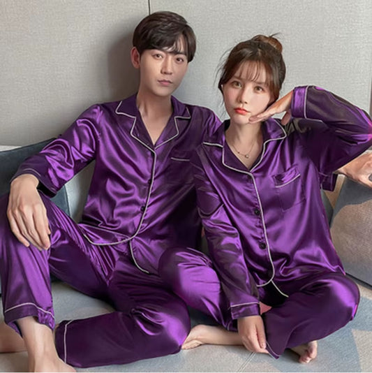 Purple Nighty Finely Stitched Silk Satin Pajama Set – Luxurious Nightwear for couple