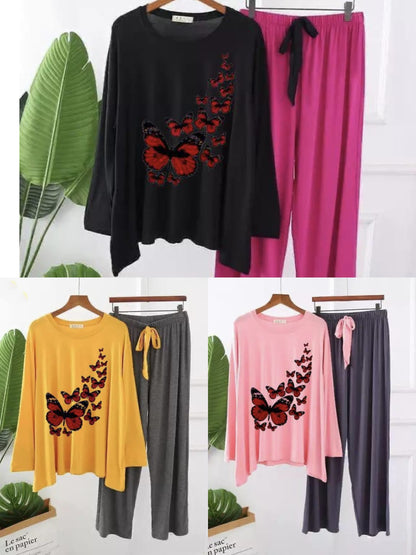 Premium Butterflies Print Full Sleeves Pajama Set for Women