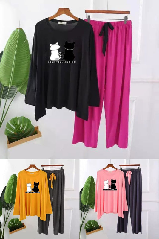 2-Cat  Graphic Long Shirt and trouser  Night Wear
