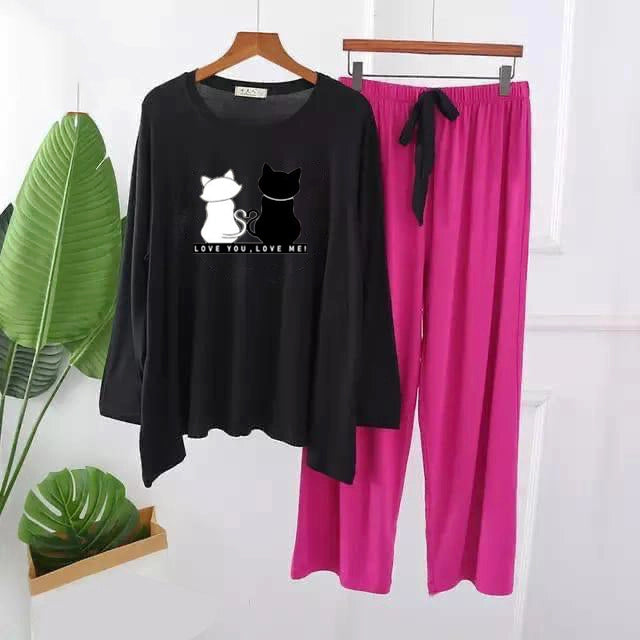 Love You Love Me 2 Cat Printed Long wear Casual Night Wear Dress