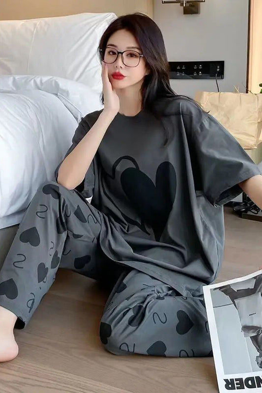 Women’s Grey Heart Half Sleeves Nightwear