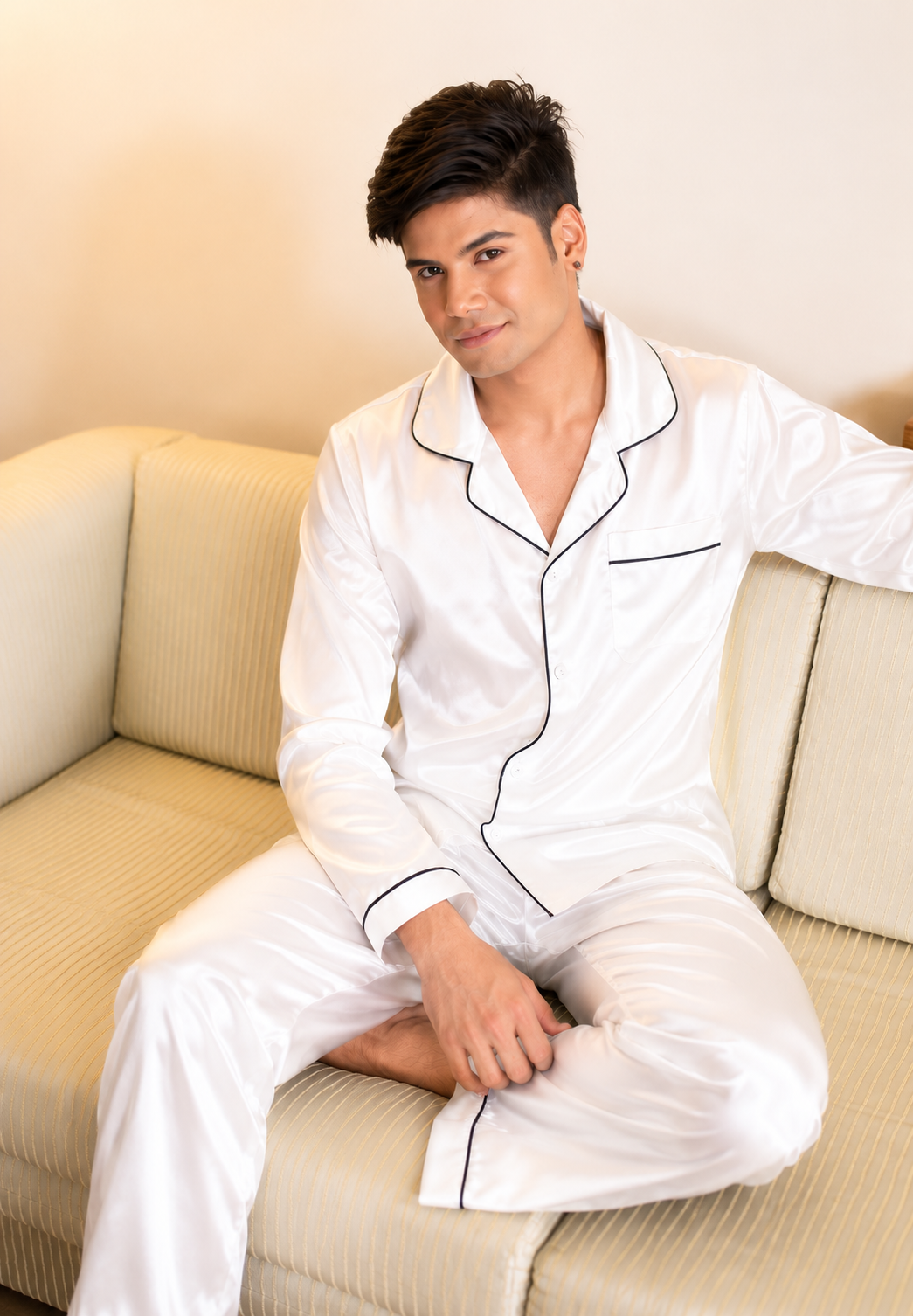 White Nighty Finely Stitched Silk Satin Pajama Set – Luxurious Nightwear for couple