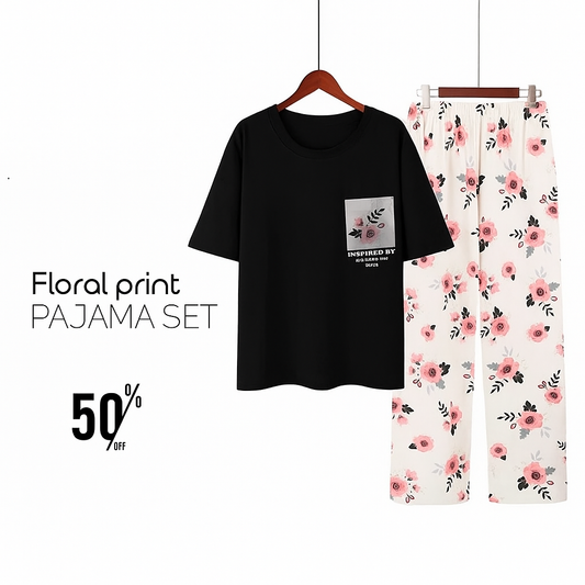 Premium Pocket Style Printed Black T-shirt with White Floral Trouser