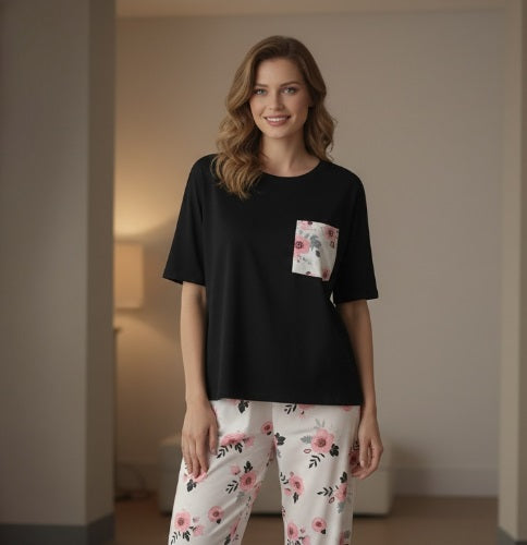 Premium Pocket Style Printed Black T-shirt with White Floral Trouser