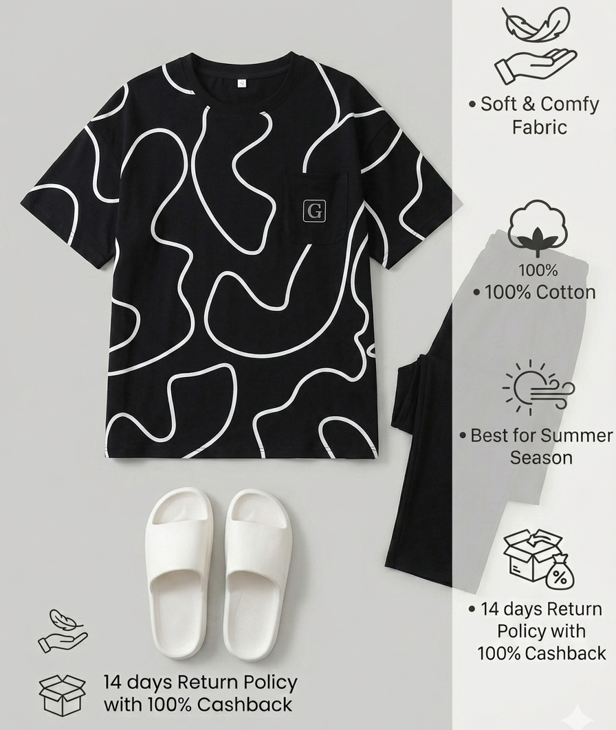 Premium G Pocket Printed T-shirt With Solid Black Trouser Sportswear Tracksuit