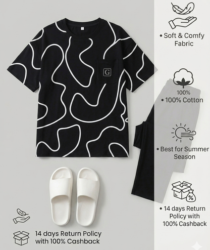 Premium G Pocket Printed T-shirt With Solid Black Trouser Sportswear Tracksuit
