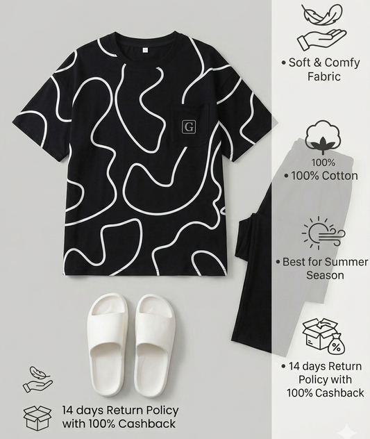 Premium G Pocket Printed T-shirt With Solid Black Trouser Sportswear Tracksuit