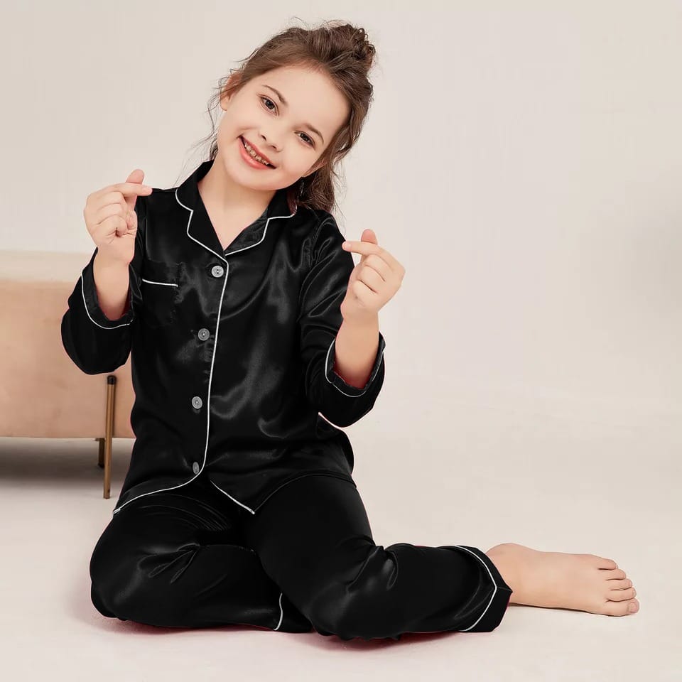 Black Luxury Silk Satin Sleepwear Set for Kids