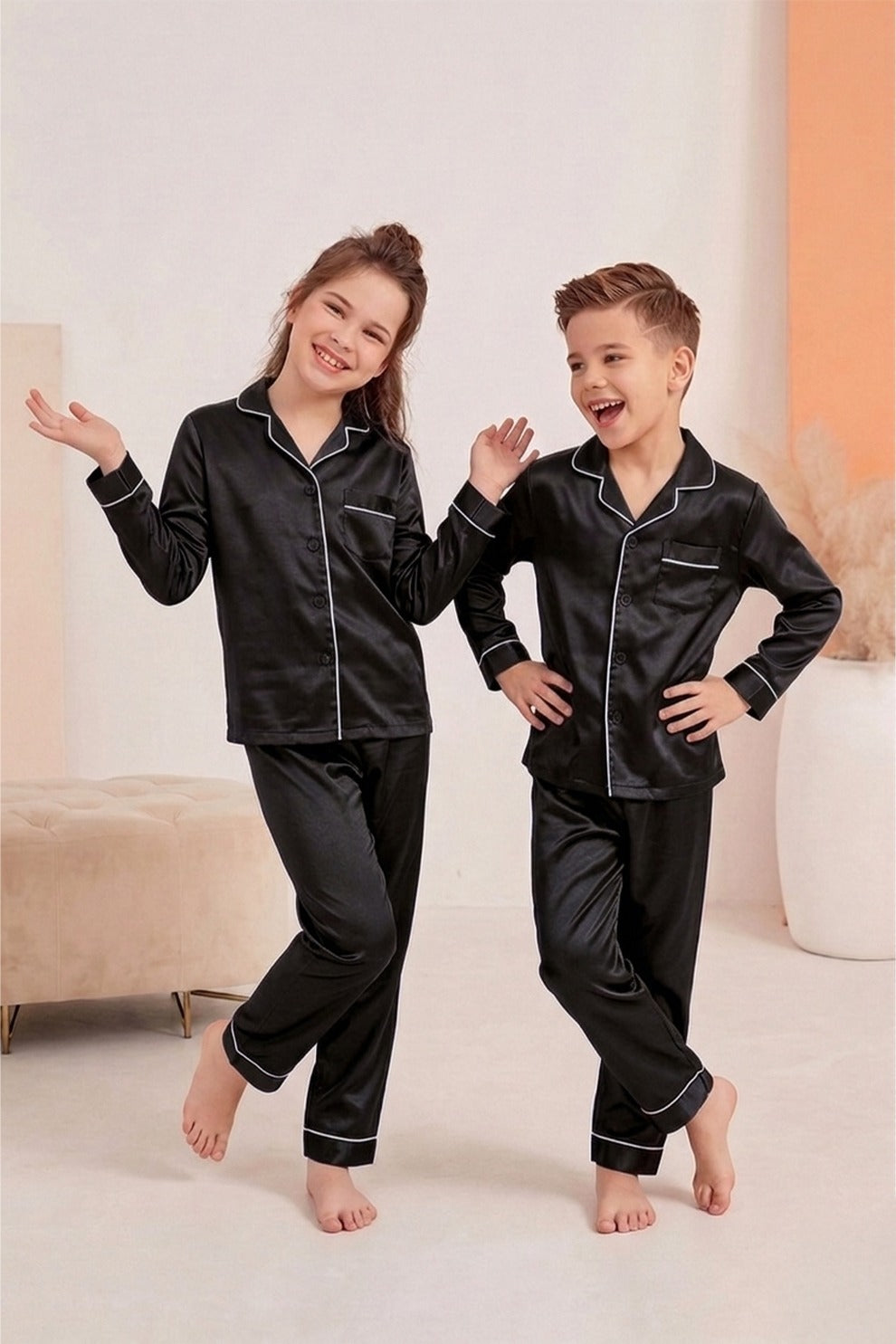 Black Luxury Silk Satin Sleepwear Set for Kids