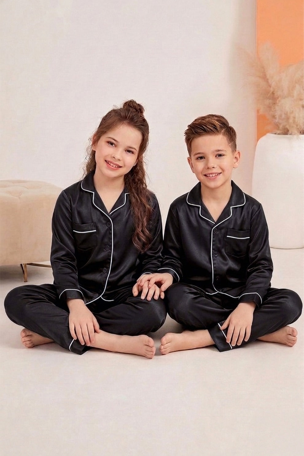 Black Luxury Silk Satin Sleepwear Set for Kids