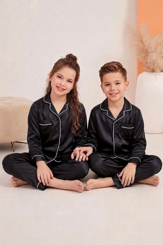 Black Luxury Silk Satin Sleepwear Set for Kids