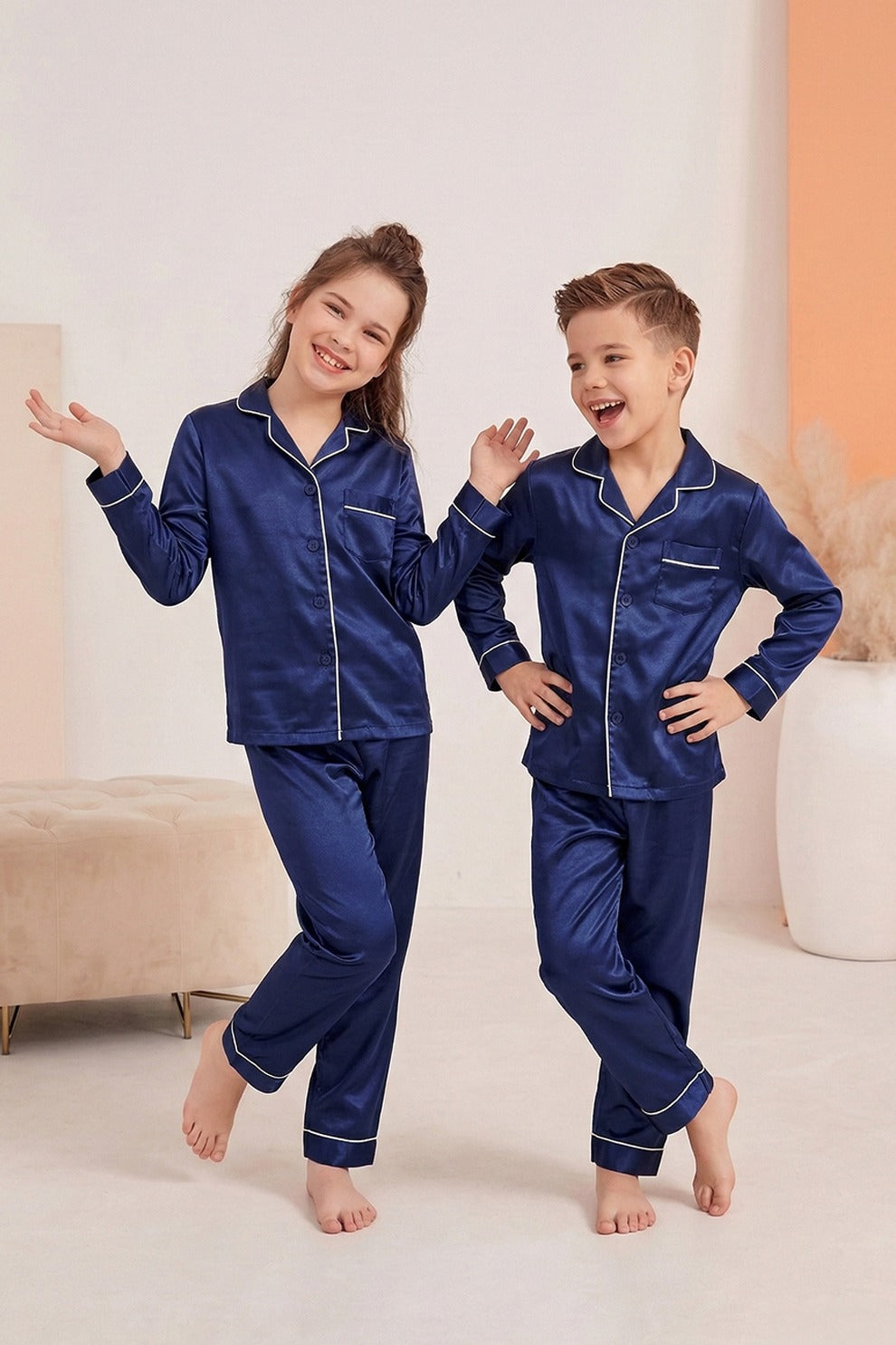 Navy Blue Luxury Silk Satin Sleepwear Set for Kids