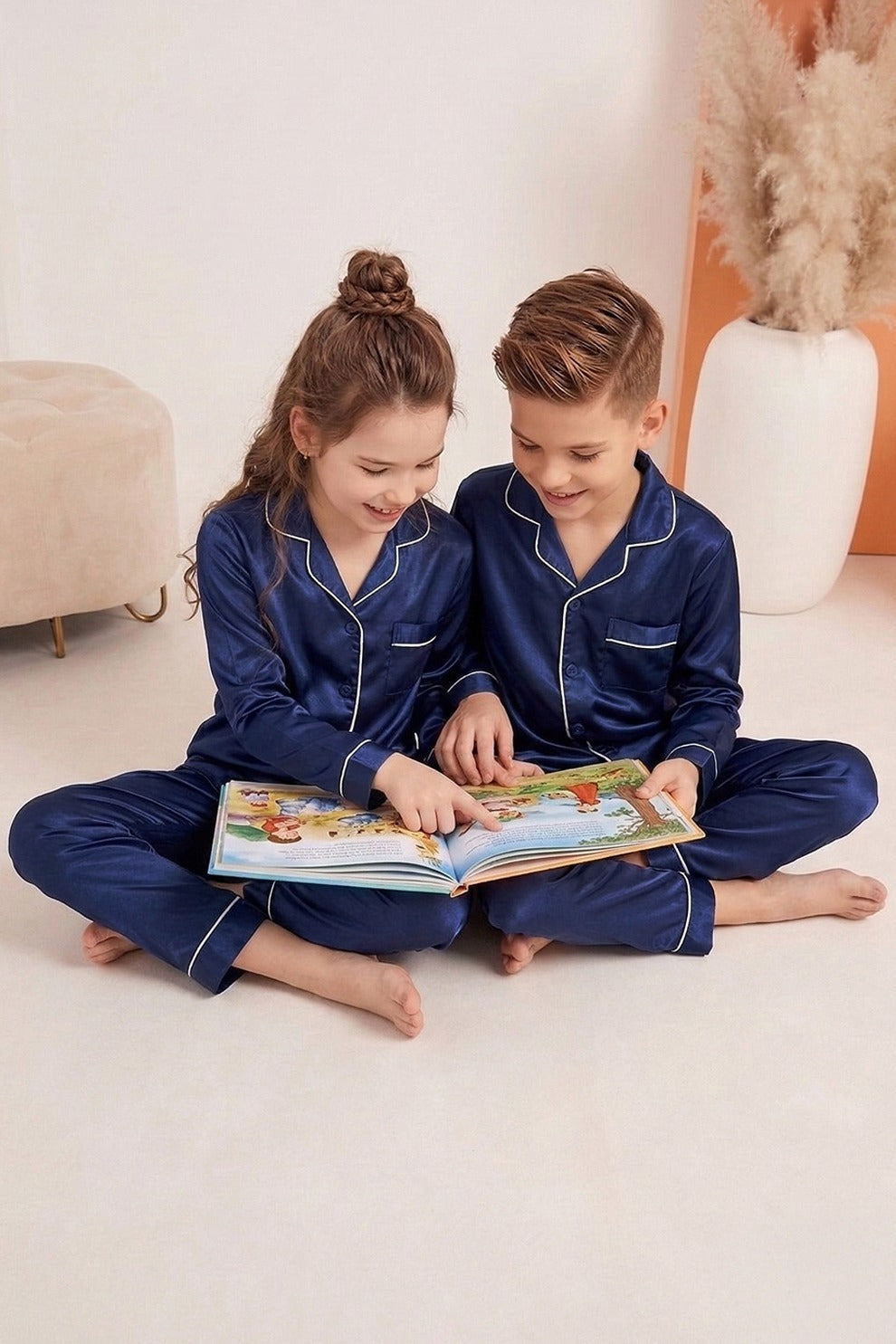 Navy Blue Luxury Silk Satin Sleepwear Set for Kids