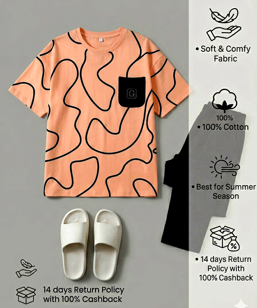 Orange Premium G Pocket Printed T-shirt With Solid Black Trouser Sportswear Tracksuit