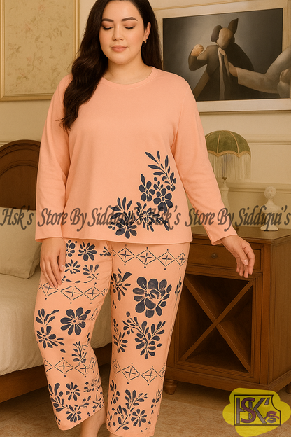 Peach Floral Full Sleeves Printed Casual Night Dress With Matching Trousers