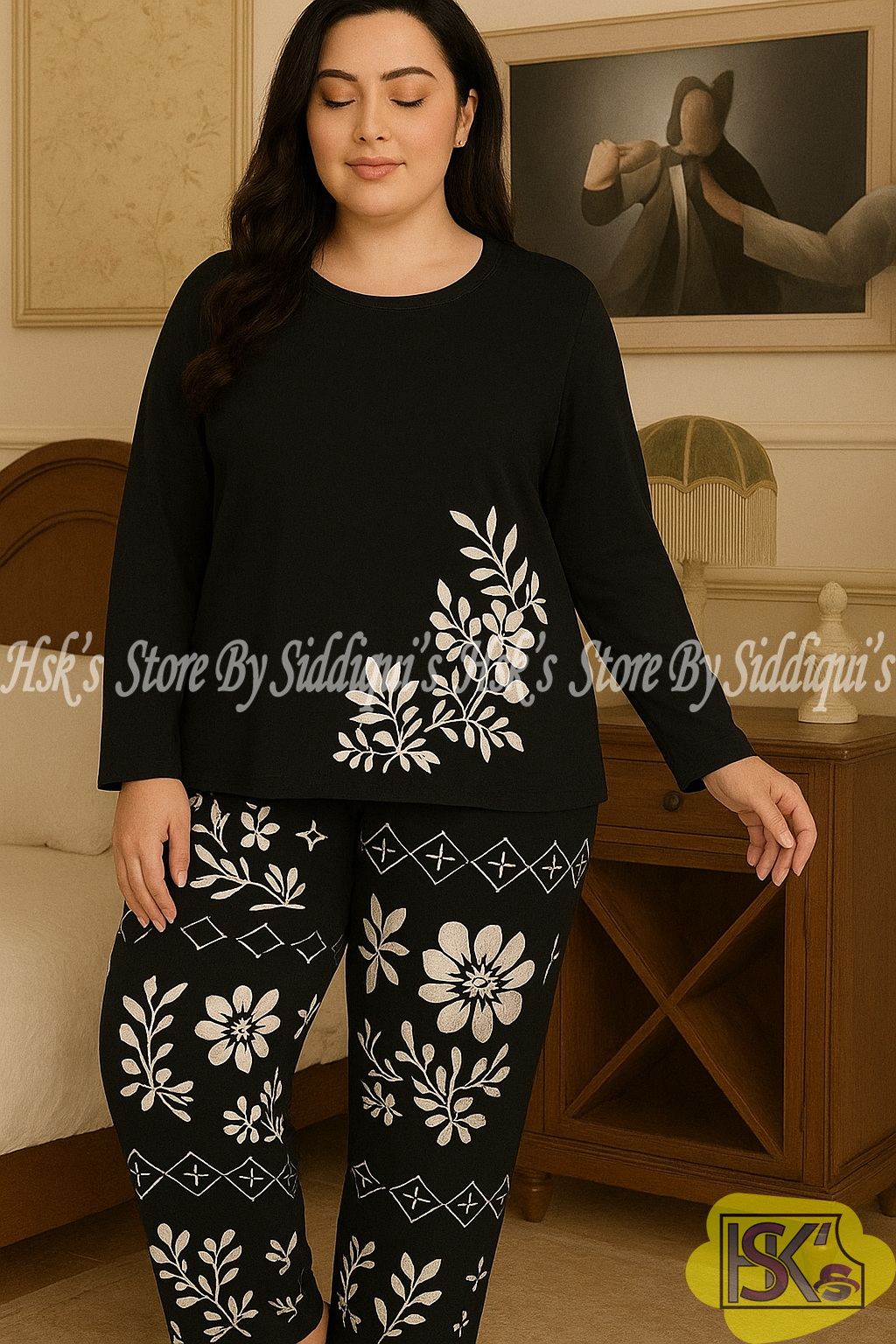 Black Floral Full Sleeves Printed Casual Night Dress With Matching Trousers