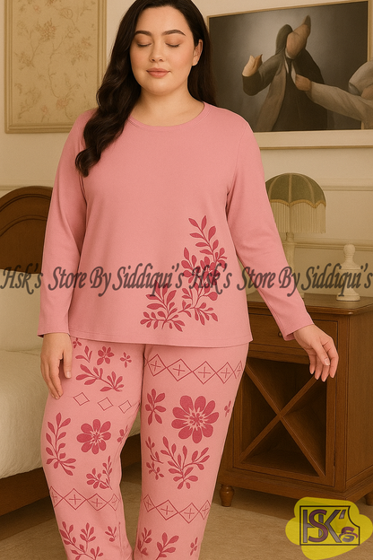 Baby pink Floral Full Sleeves Printed Casual Night Dress With Matching Trousers