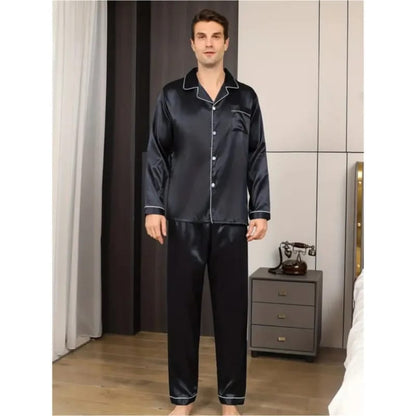 Black Nighty Finely Stitched Men’s Silk Satin Pajama Set – Luxurious Nightwear for Men