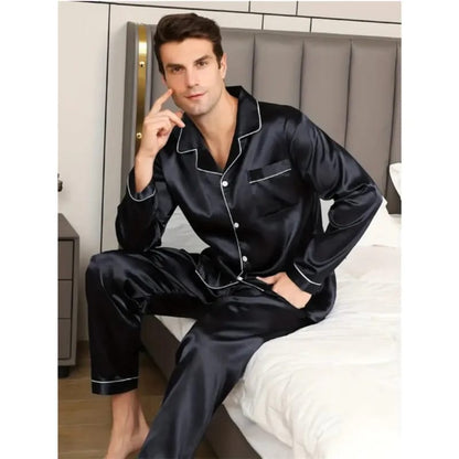 Black Nighty Finely Stitched Men’s Silk Satin Pajama Set – Luxurious Nightwear for Men
