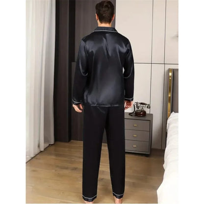 Black Nighty Finely Stitched Men’s Silk Satin Pajama Set – Luxurious Nightwear for Men