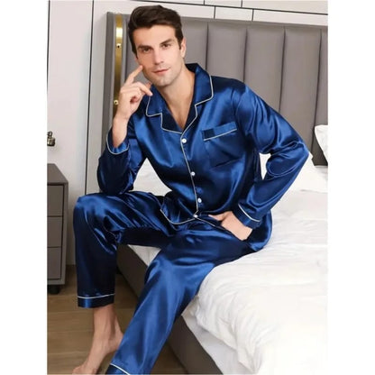 Navy Blue Nighty Finely Stitched Men’s Silk Satin Pajama Set – Luxurious Nightwear for Men