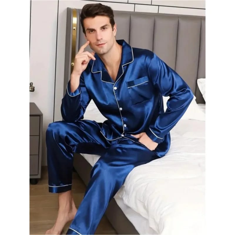 Navy Blue Nighty Finely Stitched Men’s Silk Satin Pajama Set – Luxurious Nightwear for Men