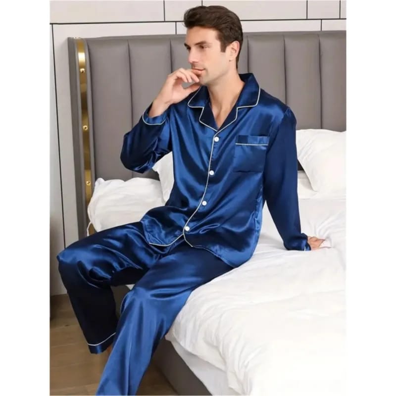 Navy Blue Nighty Finely Stitched Men’s Silk Satin Pajama Set – Luxurious Nightwear for Men