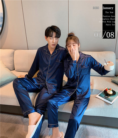 Navy Blue Nighty Finely Stitched Silk Satin Pajama Set – Luxurious Nightwear for couple