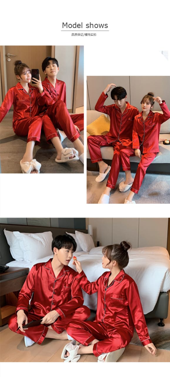 Red Nighty Finely Stitched Silk Satin Pajama Set – Luxurious Nightwear for couple