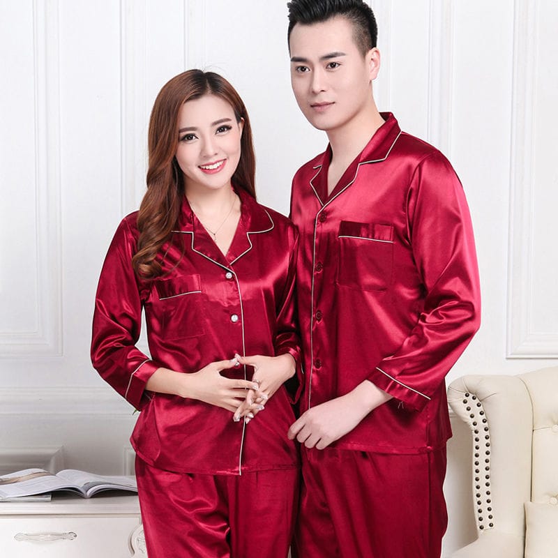 Red Nighty Finely Stitched Silk Satin Pajama Set – Luxurious Nightwear for couple
