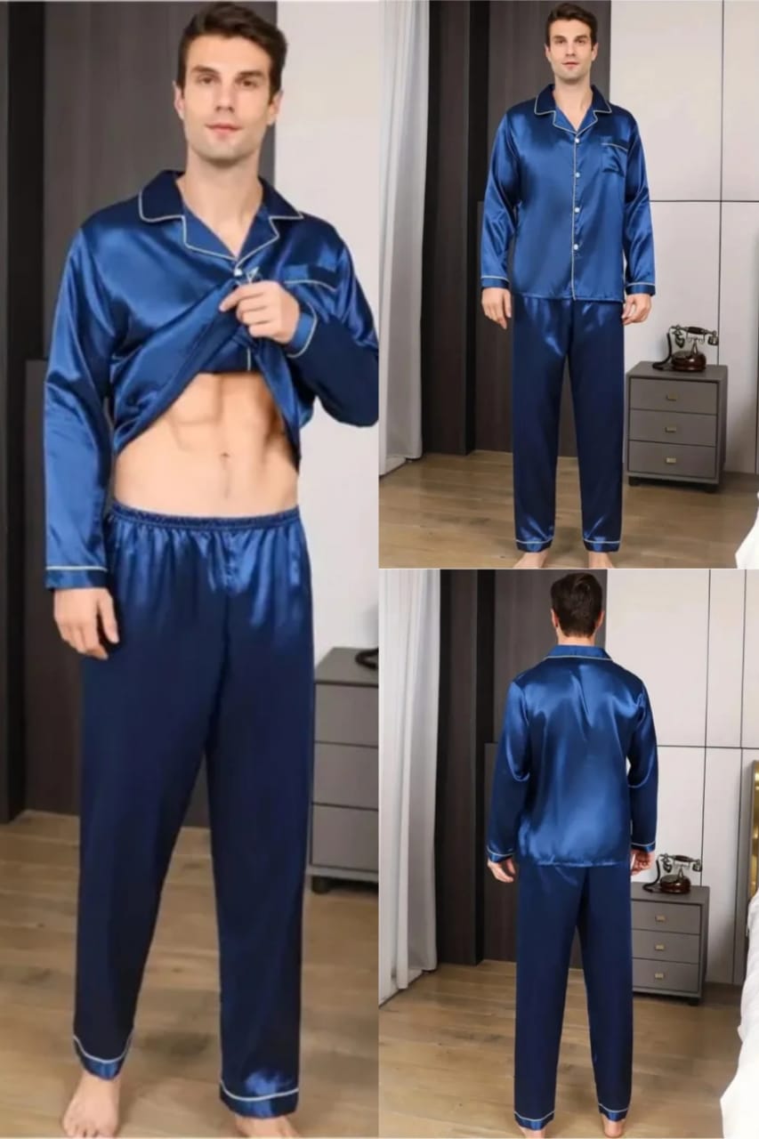 Navy Blue Nighty Finely Stitched Men’s Silk Satin Pajama Set – Luxurious Nightwear for Men