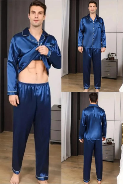 Navy Blue Nighty Finely Stitched Men’s Silk Satin Pajama Set – Luxurious Nightwear for Men