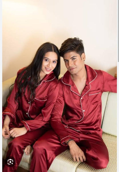 Red Nighty Finely Stitched Silk Satin Pajama Set – Luxurious Nightwear for couple