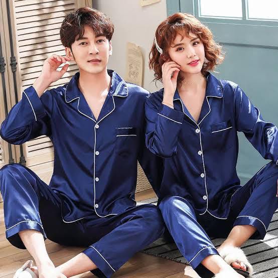 Navy Blue Nighty Finely Stitched Silk Satin Pajama Set – Luxurious Nightwear for couple