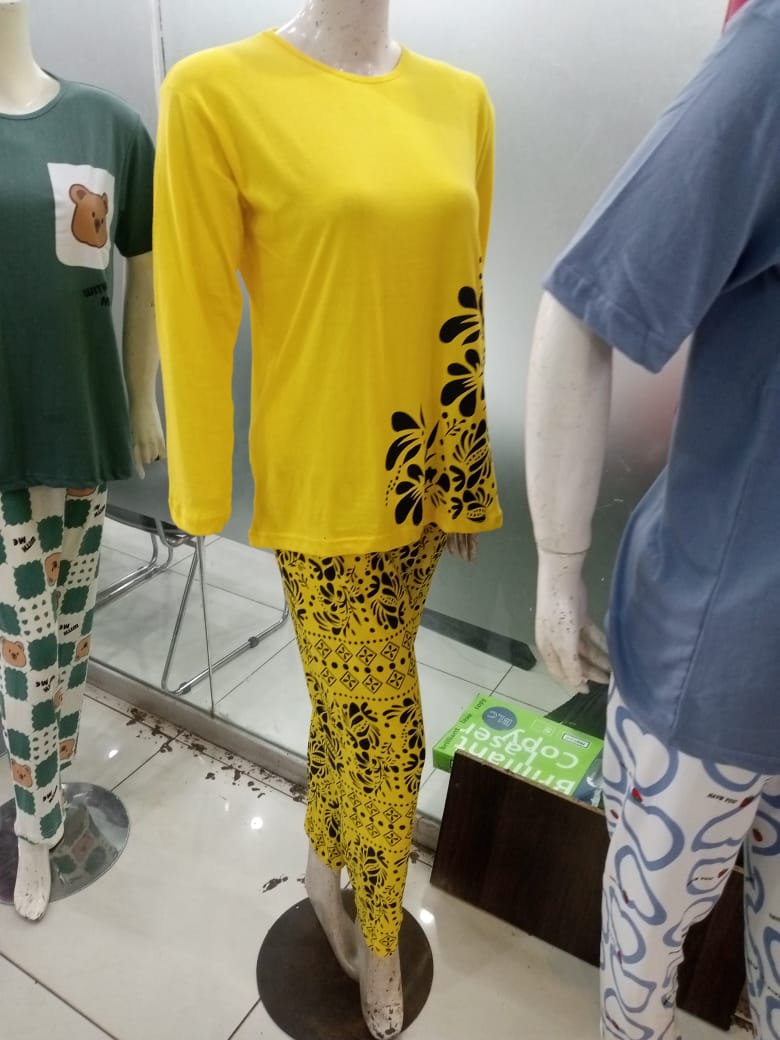 Tellow Floral Full Sleeves Printed Casual Night Dress With Matching Trousers