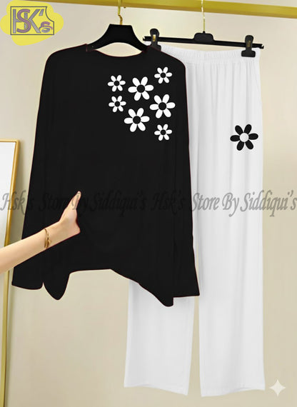 Black Floral Printed  Full Sleeves Night Suit with White Trousers