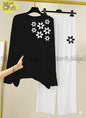 Black Floral Printed  Full Sleeves Night Suit with White Trousers