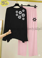 Black Floral Printed  Full Sleeves Night Suit with Pink Trousers