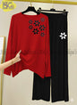 Red  Floral Printed  Full Sleeves Night Suit with Black Trousers