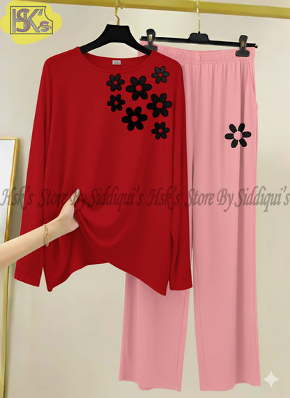 Red Floral Printed  Full Sleeves Night Suit with Pink Trousers