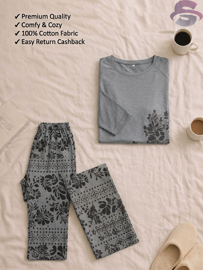 Grey Floral Full Sleeves Printed Casual Night Dress With Matching Trousers