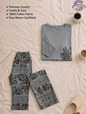 Grey Floral Full Sleeves Printed Casual Night Dress With Matching Trousers