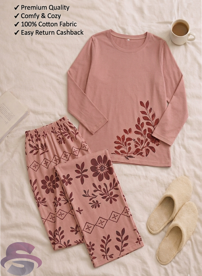 Baby pink Floral Full Sleeves Printed Casual Night Dress With Matching Trousers
